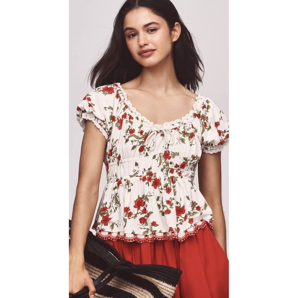 Maeve Anthropologie Short-Sleeve Sweetheart-Neck Top Floral Print Size Medium